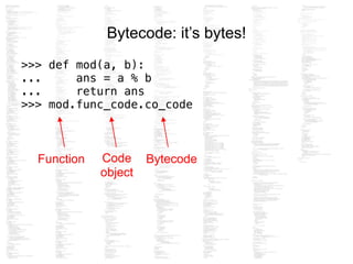 Bytecode: it’s bytes!
>>> def mod(a, b):
... ans = a % b
... return ans
>>> mod.func_code.co_code
Function Code
object
Bytecode
 
