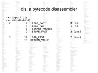 dis, a bytecode disassembler
>>> import dis
>>> dis.dis(mod)
2 0 LOAD_FAST 0 (a)
3 LOAD_FAST 1 (b)
6 BINARY_MODULO
7 STORE_FAST 2 (ans)
!
3 10 LOAD_FAST 2 (ans)
13 RETURN_VALUE
 
