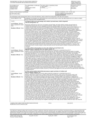 DEPARTMENT OF HEALTH AND HUMAN SERVICES
CENTERS FOR MEDICARE & MEDICAID SERVICES
PRINTED:7/2/2014
FORM APPROVED
OMB NO. 0938-0391
STATEMENT OF
DEFICIENCIES
AND PLAN OF
CORRECTION
(X1) PROVIDER / SUPPLIER
/ CLIA
IDENNTIFICATION
NUMBER
125051
(X2) MULTIPLE CONSTRUCTION
A. BUILDING ______
B. WING _____
(X3) DATE SURVEY
COMPLETED
05/29/2013
NAME OF PROVIDER OF SUPPLIER
KA PUNAWAI OLA
STREET ADDRESS, CITY, STATE, ZIP
91-575 FARRINGTON HIGHWAY
KAPOLEI, HI 96707
For information on the nursing home's plan to correct this deficiency, please contact the nursing home or the state survey agency.
(X4) ID PREFIX TAG SUMMARY STATEMENT OF DEFICIENCIES (EACH DEFICIENCY MUST BE PRECEDED BY FULL REGULATORY
OR LSC IDENTIFYING INFORMATION)
F 0159
Level of harm - Minimal
harm or potential for actual
harm
Residents Affected - Some
<b>Properly hold, secure and manage each resident's personal money which is deposited
with the nursing home.</b>
Based upon staff interview and review of resident's personal funds, the facility failed to manage personal funds for
residents that utilized salon services arranged by the facility. Findings include: On 5/22/13 at 12:45 P.M. review of
residents' personal funds was done with the Receptionist and Business Office staff member. Inquired what is the process for
residents to request money from their personal funds account. The Receptionist reported that the resident will fill out a
slip and sign for receipt of the petty cash. A review of Resident #135's account found that the facility withdrew funds to
pay for a haircut on 4/5/13 for $12.50. A request was made to review the documentation that accompanied the withdrawal to
pay for the resident's haircut. At this time the Business Office staff member provided assistance. The staff members
provided an invoice from the stylist requesting payment for services for Resident #135 and other residents of the facility.
There was no documentation by the resident that she approved of the payment to the stylist. Inquired how does the facility
ensure that the resident approved the payment and received the service. The staff members reported that this stylist did
not follow the process of acquiring the resident's signature on the request slip for haircuts. The stylist was submitting
an invoice for all the residents who received services for remittance. The Receptionist reported that this stylist is no
longer contracted through the facility. Inquired how long was this stylist on contract. The Receptionist replied, he was on
contract from January 2012 through April 2013. Interview with the Business Office Manager (BOM) was done 5/28/13 at 8:30
A.M. The BOM reported that when a resident/family member requests a haircut, a slip is completed and signed by the resident
or nurse/aide to confirm the service was provided. However, the slips are not being attached to the residents' account
information. A policy and procedure related to paying contractors for services provided was requested. On 5/28/13 at 9:30
A.M., the BOM reported that the facility does not have policy and procedures for paying contractors (i.e. haircuts). The
facility did not have a system in place to ensure that salon services were provided to residents with personal funds before
remittance.
F 0160
Level of harm - Minimal
harm or potential for actual
harm
Residents Affected - Few
<b>Follow policies and procedures to convey the resident's personal funds to the
appropriate party responsible after the resident's death.</b>
**NOTE- TERMS IN BRACKETS HAVE BEEN EDITED TO PROTECT CONFIDENTIALITY**
Based on review of personal fund accounts and staff interview, the facility failed to ensure upon the death of a resident
with a personal funds account, the facility conveyed within 30 days a final accounting of those funds to be provided to the
appropriate individual for 1 of 3 accounts reviewed. Findings include: Resident A expired on [DATE]. The resident's
personal fund account was closed on [DATE] and the balance was provided to the representative on [DATE]. The facility did
not ensure the personal funds account for Resident A was conveyed within 30 days to the individual managing the resident's
estate. On [DATE] at 12:45 P.M. a review of personal fund accounts and interview with Receptionist and Business Office
staff member was done. A request was made to review the account of a deceased resident who had an account managed by the
facility. The staff members provided documentation for Resident A. Resident A expired on [DATE] and the account was closed
on [DATE] with a check payable to a family member of $476.53. Inquired how many days does the facility have to convey the
funds. The staff members replied that the facility has 30 days to reconcile the account and release any remaining funds to
the appropriate recipient. Inquired what happened with this account, the staff members replied that the BOM was on
maternity leave at that time and the person assisting them did not come in frequently enough to reconcile the resident's
account for closing. On [DATE] at 8:30 A.M. an interview and concurrent review of the account was done with the BOM. The
BOM explained that the resident received automatic direct deposit subsequent to his expiration. The ledger notes a deposit
was made on [DATE] and these monies had to be returned, which was done on [DATE]. The cost share for March also had to be
refunded to the account which was done on [DATE]. On [DATE] the approval to close the account was made and the refund check
was dated [DATE].
F 0224
Level of harm - Actual
harm
Residents Affected - Few
<b>Write and use policies that forbid mistreatment, neglect and abuse of residents and
theft of residents' property.</b>
**NOTE- TERMS IN BRACKETS HAVE BEEN EDITED TO PROTECT CONFIDENTIALITY**
Based on observation, record review, resident, family and staff interviews, and a review of the facility's policy and
procedure, there was a failure to provide services necessary to avoid mental anguish and a potential for a decline in
health status for 1 of 32 residents included in the Stage 2 sample. Findings include: Cross-reference to additional and
related findings at F226, F241, F242, F309, F312 and F323. During an interview with Resident #161 on 5/20/13 at 10:55 A.M.,
the resident stated she felt afraid because of the way she and/or other residents were treated. The resident conversed both
in Japanese and English and said she was admitted to the facility for short term rehabilitation following a surgical
procedure. She said, I have asthma and that there was an incident with her breathing which made her fearful and afraid
since. The resident said one night she had chest pain/discomfort and could not breathe good. The night nurse just gave her
some pain medication and told her, Good night, you can go sleep and never came back to check on her. The resident said her
chest felt painful, but said it was because of the asthma. She said in Japanese, Tasukete, iki dekinai kara or Help me,
because I cannot breathe and said she had to plead to a male nurse aide who came into the room. She told him, I need
inhaler, something, I cannot takey my breath. She said the pain killer did not do anything because it was not the problem.
She felt the nurse just wanted her to sleep. The resident said, How can be a nurse? and shook her head during the
interview. The resident also said the male aide did tell the nurse and only then did that nurse return after 35-45 mins
later to give her a breathing treatment. The resident said she felt really, really afraid because she could not breathe.
The resident also stated during the interview that some staff have no feeling towards her. She said at night after
toileting, when she has to lay back down, the staff do not assist or help her back to bed. She said they just leave her at
the bedside and it was mostly the female staff. The resident said there were some staff who cared, but others were not and
rude in their manners. She said her roommate was a new admission and about 4-5 nights ago around 3:00 A.M., her roommate
started crying out for help. She said they both used their call lights, but the staff who came into the room said, Wow,
wow! The resident said she told the staff her roommate needed help, but was told, No, she's okay, although her roommate
could not sleep. The resident said she felt sorry for her and because she was also coughing, she called the nurse again.
She asked the nurse if she could give her neighbor something for the cough, and this made her think how bad it was when the
LABORATORY DIRECTOR'S OR PROVIDER/SUPPLIER
REPRESENTATIVE'S SIGNATURE
TITLE (X6) DATE
Any deficiency statement ending with an asterisk (*) denotes a deficiency which the institution may be excused from correcting providing it is determined that other
safeguards provide sufficient protection to the patients. (See instructions.) Except for nursing homes, the findings stated above are disclosable 90 days following the
date of survey whether or not a plan of correction is provided. For nursing homes, the above findings and plans of correction are disclosable 14 days following the date
these documents are made available to the facility. If deficiencies are cited, an approved plan of correction is requisite to continued program participation.
FORM CMS-2567(02-99)
Previous Versions Obsolete
Event ID: YL1O11 Facility ID: 125051 If continuation sheet
Page 1 of 17
 