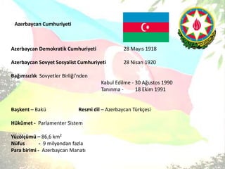Azerbaycan CumhuriyetiAzerbaycan Demokratik Cumhuriyeti28 Mayıs 1918 Azerbaycan Sovyet Sosyalist Cumhuriyeti 28 Nisan 1920   BağımsızlıkSovyetler Birliği'nden Kabul Edilme - 30 Ağustos 1990Tanınma -         18 Ekim 1991 Başkent – BaküResmi dil – Azerbaycan TürkçesiHükûmet -  Parlamenter SistemYüzölçümü – 86,6 km²Nüfus 	    -  9 milyondan fazlaPara birimi - Azerbaycan Manatı