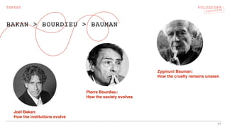POLYSCOPY
PROTOTYPE
BAKAN > BOURDIEU > BAUMAN
14
THREAD
Pierre Bourdieu:  
How the society evolves
Joel Bakan:  
How the institutions evolve
Zygmunt Bauman:  
How the cruelty remains unseen
 