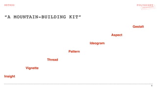 POLYSCOPY
PROTOTYPE
“A MOUNTAIN-BUILDING KIT”
6
METHOD
Insight
Thread
Pattern
Ideogram
Aspect
Gestalt
Vignette
 