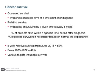 19
Cancer survival
 Observed survival
 Proportion of people alive at a time point after diagnosis
 Relative survival
 Probability of surviving by a given time (usually 5-years)
% of patients alive within a specific time period after diagnosis
% expected survivors if no cancer based on normal life expectancy
 5-year relative survival from 2005-2011 = 69%
 From 1975-1977 = 49%
 Various factors influence survival
 