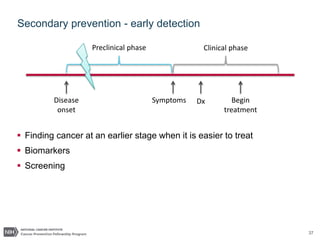 37
Secondary prevention - early detection
 Finding cancer at an earlier stage when it is easier to treat
 Biomarkers
 Screening
Disease
onset
Symptoms Begin
treatment
Dx
Preclinical phase Clinical phase
 