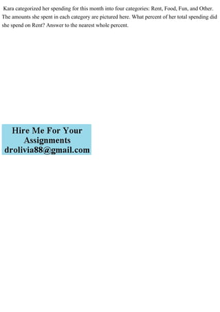 Kara categorized her spending for this month into four categories: Rent, Food, Fun, and Other.
The amounts she spent in each category are pictured here. What percent of her total spending did
she spend on Rent? Answer to the nearest whole percent.
 