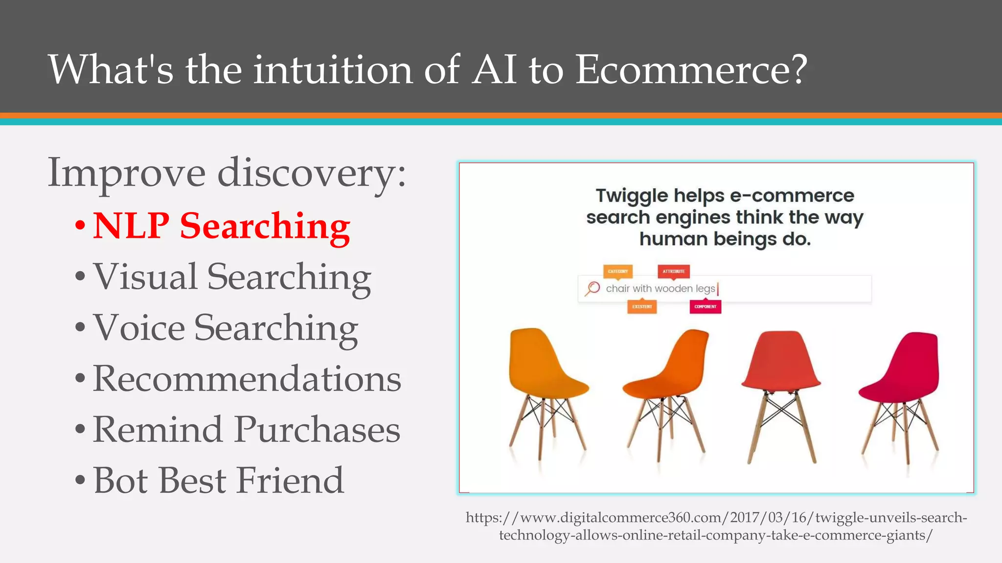 What's the intuition of AI to Ecommerce?
Improve discovery:
•NLP Searching
•Visual Searching
•Voice Searching
•Recommendations
•Remind Purchases
•Bot Best Friend
https://www.digitalcommerce360.com/2017/03/16/twiggle-unveils-search-
technology-allows-online-retail-company-take-e-commerce-giants/
 