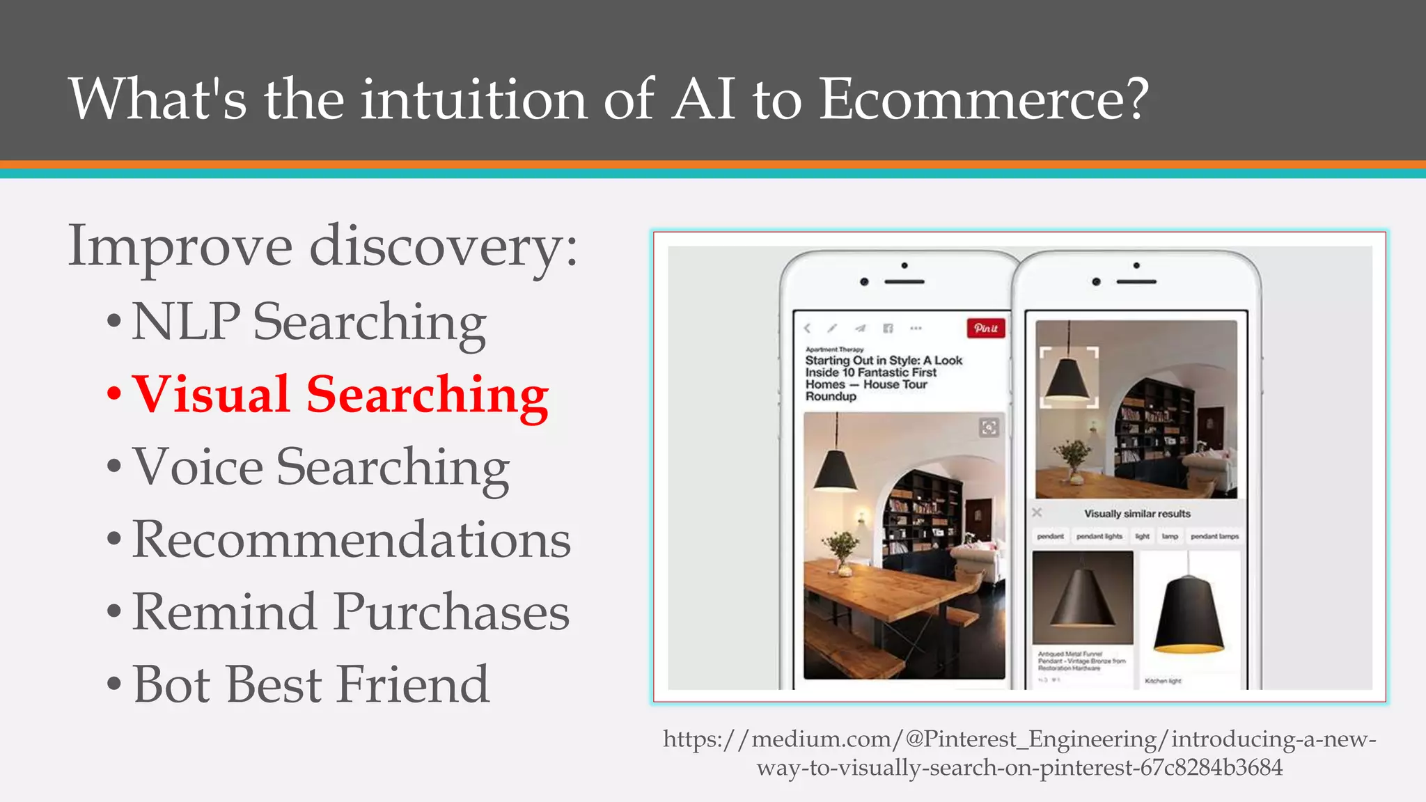 What's the intuition of AI to Ecommerce?
Improve discovery:
•NLP Searching
•Visual Searching
•Voice Searching
•Recommendations
•Remind Purchases
•Bot Best Friend
https://medium.com/@Pinterest_Engineering/introducing-a-new-
way-to-visually-search-on-pinterest-67c8284b3684
 