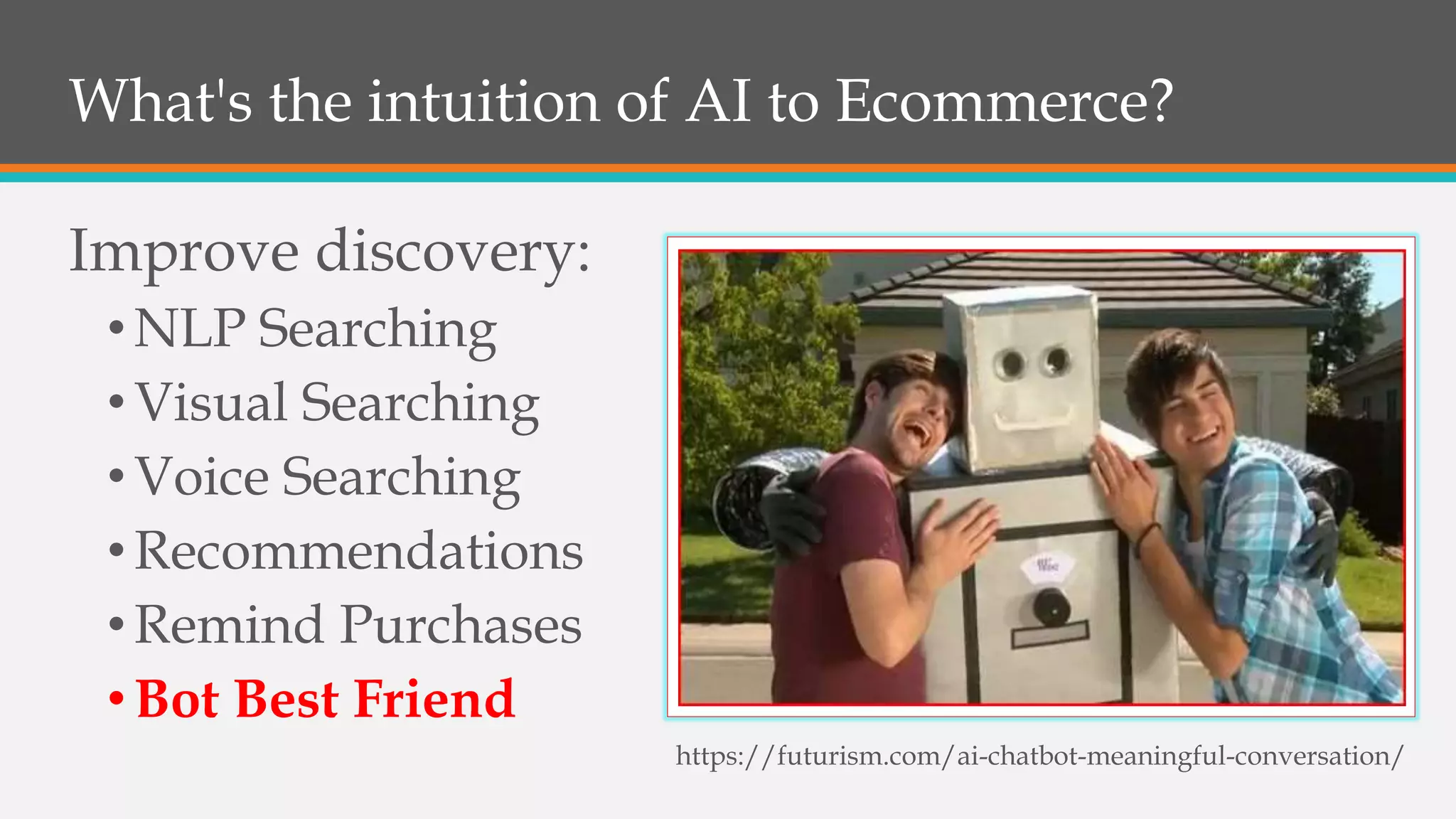What's the intuition of AI to Ecommerce?
Improve discovery:
•NLP Searching
•Visual Searching
•Voice Searching
•Recommendations
•Remind Purchases
•Bot Best Friend
https://futurism.com/ai-chatbot-meaningful-conversation/
 
