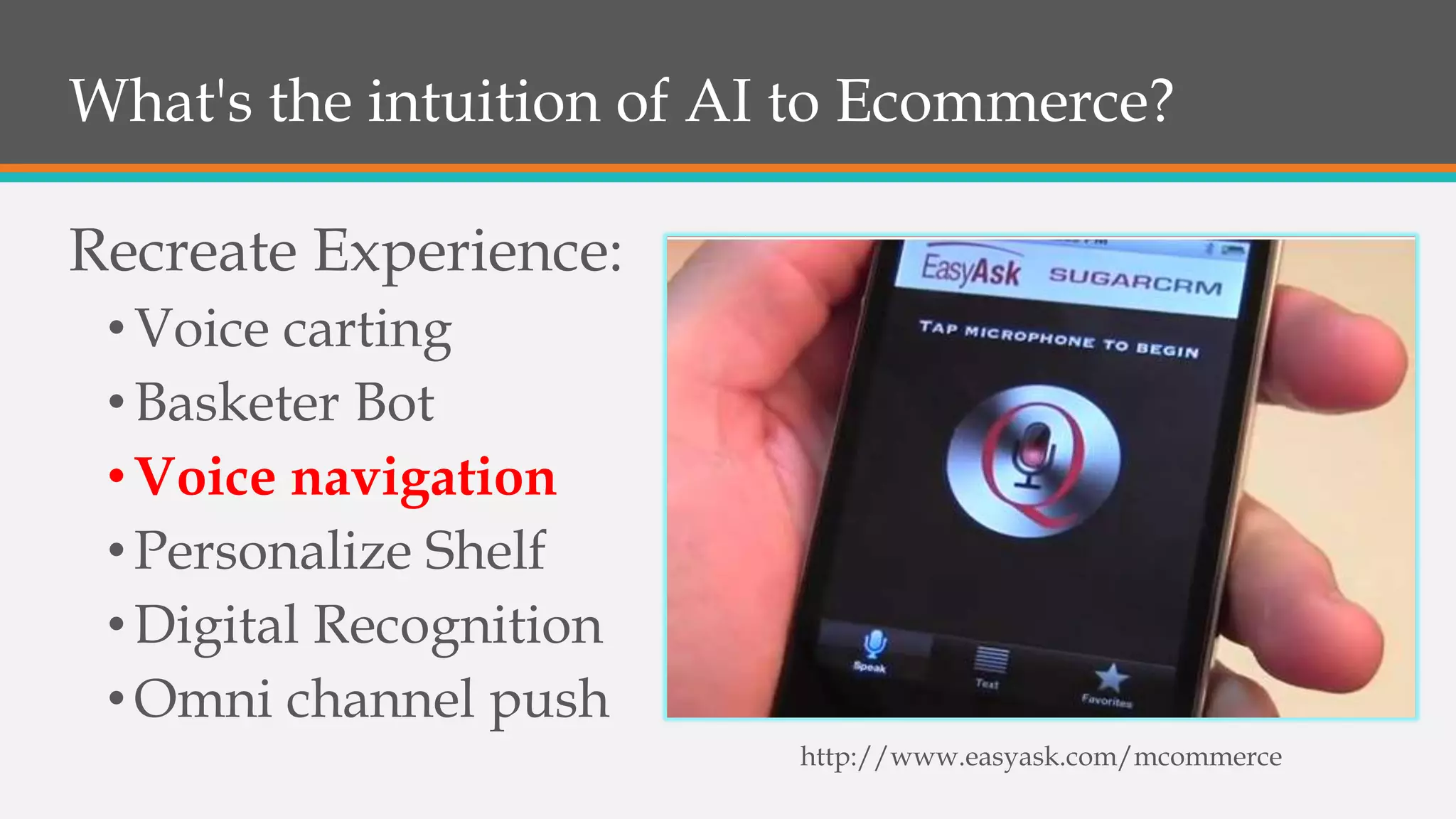 What's the intuition of AI to Ecommerce?
Recreate Experience:
•Voice carting
•Basketer Bot
•Voice navigation
•Personalize Shelf
•Digital Recognition
•Omni channel push
http://www.easyask.com/mcommerce
 
