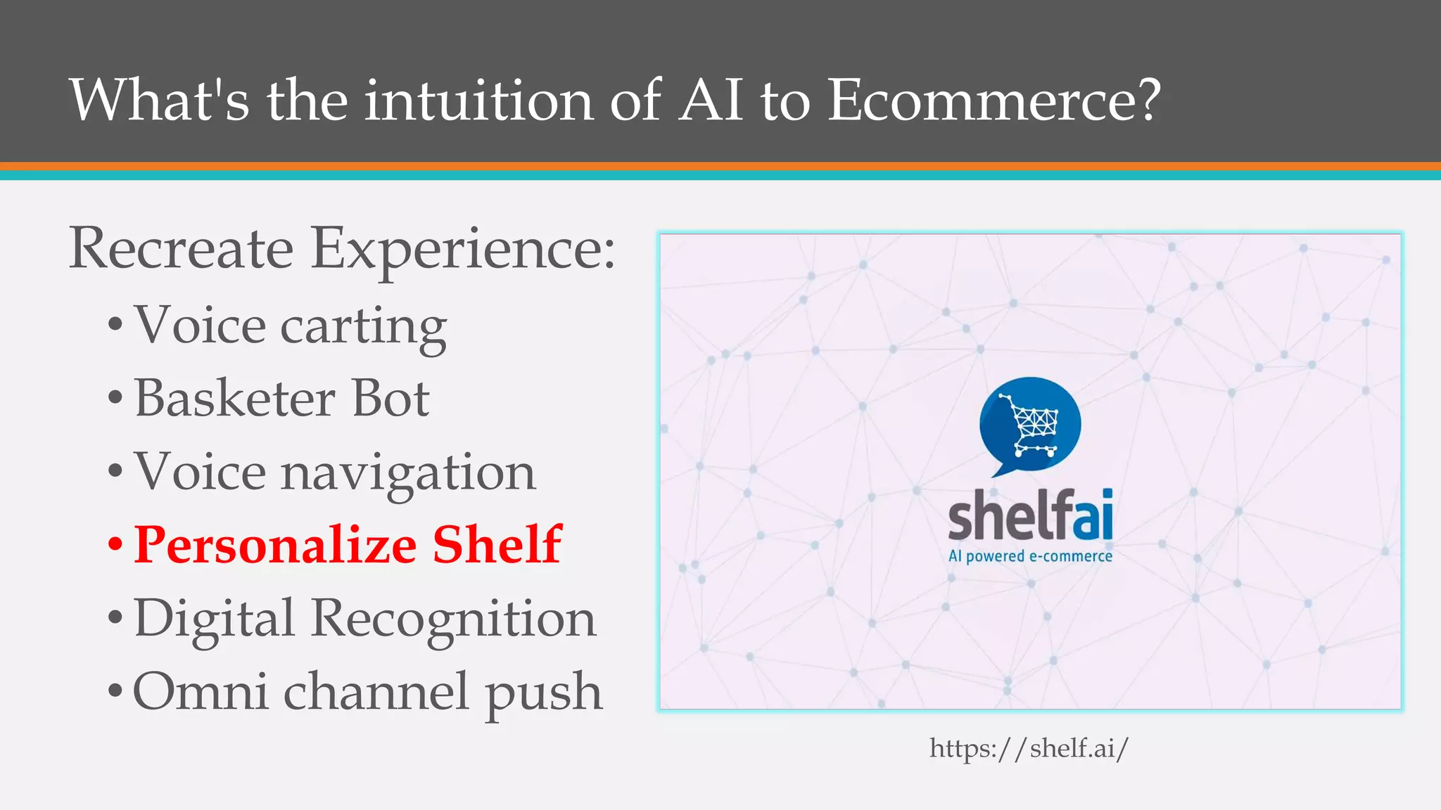 What's the intuition of AI to Ecommerce?
Recreate Experience:
•Voice carting
•Basketer Bot
•Voice navigation
•Personalize Shelf
•Digital Recognition
•Omni channel push
https://shelf.ai/
 
