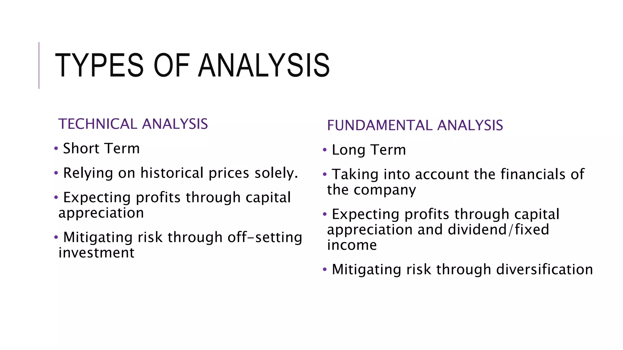 TYPES OF ANALYSIS
TECHNICAL ANALYSIS
• Short Term
• Relying on historical prices solely.
• Expecting profits through capital
appreciation
• Mitigating risk through off-setting
investment
FUNDAMENTAL ANALYSIS
• Long Term
• Taking into account the financials of
the company
• Expecting profits through capital
appreciation and dividend/fixed
income
• Mitigating risk through diversification
 