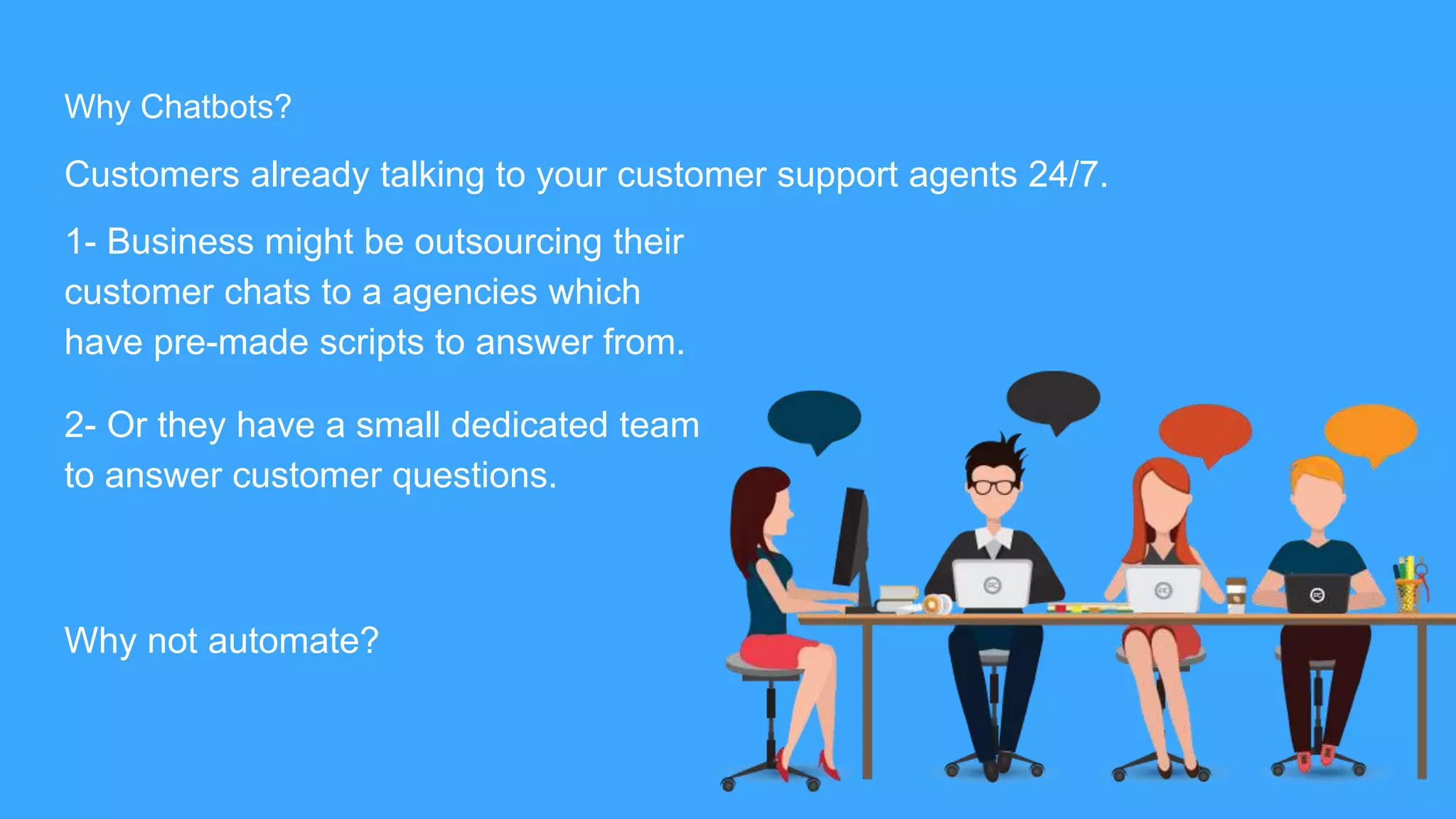 Why Chatbots?
1- Business might be outsourcing their
customer chats to a agencies which
have pre-made scripts to answer from.
2- Or they have a small dedicated team
to answer customer questions.
Why not automate?
Customers already talking to your customer support agents 24/7.
 