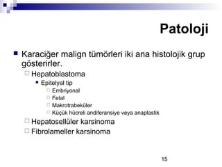 15
 Karaciğer malign tümörleri iki ana histolojik grup
gösterirler.
 Hepatoblastoma
 Epitelyal tip
 Embriyonal
 Fetal
 Makrotrabeküler
 Küçük hücreli andiferansiye veya anaplastik
 Hepatosellüler karsinoma
 Fibrolameller karsinoma
Patoloji
 