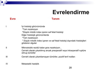 28
Evrelendirme
Evre Tanım
I İyi histoloji görünümünde
*Tam rezeksiyon
*Düşük mitotik index içeren saf fetal histoloji
Diğer histolojik görünümlerde
*Tam rezeksiyon
* Düşük mitotik index içeren ve saf fetal histoloji dışındaki histolojileri
gösteren olgular
II Mikroskobik rezidü kalan gros rezeksiyon ,
Cerrahi olarak çıkartılmış ancak preoperatif veya intraoperatif ruptüre
olmuş tümörler
III Cerrahi olarak çıkartılamayan tümörler, pozitif lenf nodları
IV Metastatik hastalık
 