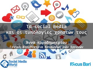 Τα social media
και οι τυπολογύεσ χρηςτών τουσ
Άννα Καραδημητρύου
Γενικό Διευθύντρια Καταναλωτικών Ερευνών
 