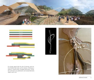 Our design played with the idea of weaving, with dis-
tinct threads that made up the campus, including ac-
ademics, student living, managed landscape, circula-
tion (vehicular and pedestrian), and natural elements
(water, wind, sun).



                                                        advanced studio   2
 