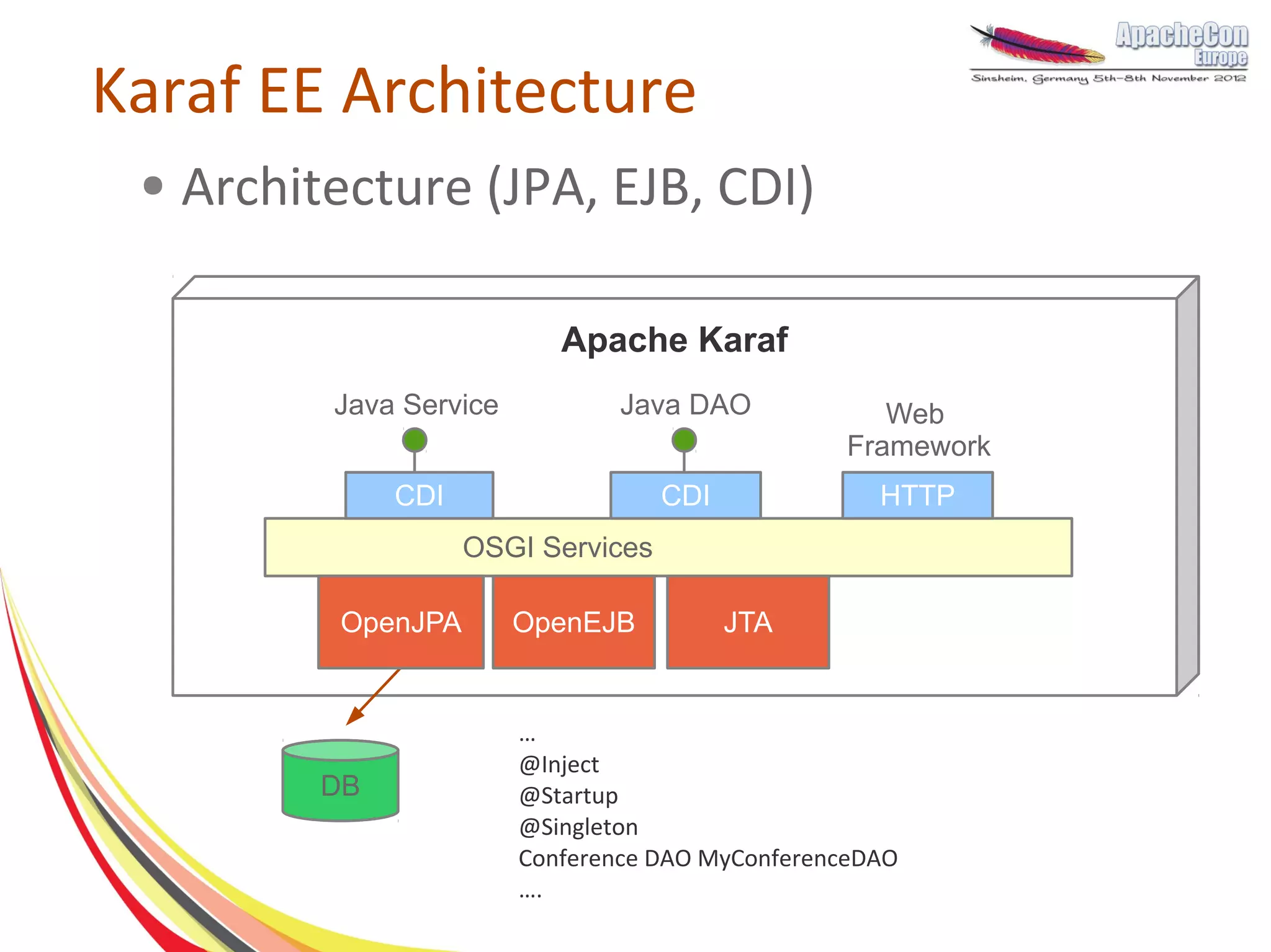 Karaf EE Architecture
 ●   Architecture (JPA, EJB, CDI)

                             Apache Karaf
           Java Service           Java DAO            Web
                                                   Framework
                CDI                   CDI             HTTP
                      OSGI Services

            OpenJPA       OpenEJB           JTA


                          …
                          @Inject
           DB             @Startup
                          @Singleton
                          Conference DAO MyConferenceDAO
                          ….
 