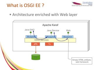 What is OSGI EE ?
 ●   Architecture enriched with Web layer

                             Apache Karaf
           Java DAO               Java Service     Web

             Blueprint           Blueprint       Blueprint
                      OSGI Services
                    JPA            Tx




                    DB
                                                             Simply HTML artifacts,
                                                                web framework
 
