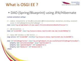 What is OSGI EE ?
 ●   DAO (Spring/Blueprint) using JPA/Hibernate
 