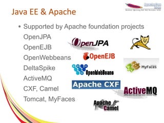 Java EE & Apache
 ●   Supported by Apache foundation projects
     OpenJPA
     OpenEJB
     OpenWebbeans
     DeltaSpike
     ActiveMQ
     CXF, Camel
     Tomcat, MyFaces
 