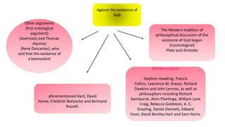 The Western tradition of
philosophical discussion of the
existence of God began
(Cosmological)
Plato and Aristotle
Other arguments
(first ontological
argument)
(Averroes) and Thomas
Aquinas
(René Descartes), who
said that the existence of
a benevolent
aforementioned Kant, David
Hume, Friedrich Nietzsche and Bertrand
Russell.
Modern culture
Stephen Hawking, Francis
Collins, Lawrence M. Krauss, Richard
Dawkins and John Lennox, as well as
philosophers including Richard
Swinburne, Alvin Plantinga, William Lane
Craig, Rebecca Goldstein, A. C.
Grayling, Daniel Dennett, Edward
Feser, David Bentley Hart and Sam Harris.
Against the existence of
God
 