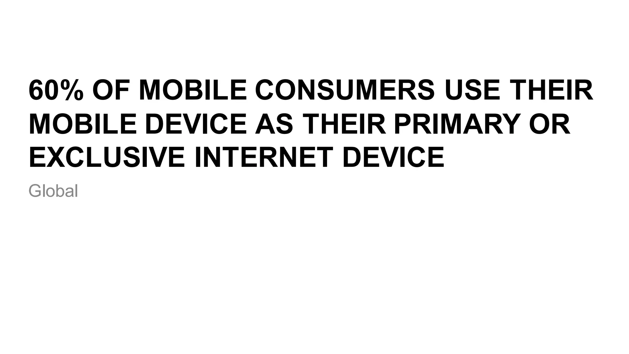 60%  OF  MOBILE  CONSUMERS  USE  THEIR  
MOBILE  DEVICE  AS  THEIR  PRIMARY  OR  
EXCLUSIVE  INTERNET  DEVICE
Global
 