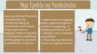 Mga Epekto ng Pambubulas
Ayon kay Michael Diamond,
nakakabahala ang
lumalaking bilang ng
pambubulas dahil maaari
itong magresulta sa
pagiging mailap at ng takot
na nakaapekto sa kanilang
pakikipagkapwa, pag aaral
at pakikilahok sa lipunan.
1. Nagreresulta sa pagiging
balisa, pagkamalungkutin,
suliranin sa pagtulog, at
mababang tiwala sa sarili
2. Madalas wala o kakaunti
ang kaibigan
3. Maaaring ang nabubulas
mismo ay maging marahas.
 