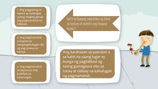 1. Ang paggalang sa
kapwa ay kailangan
upang maging ganap
ang pagmamahal na
inilalaan.
3. Ang pagmamahal
sa kapwa ay may
kaakibat na
katarungan.
2. Ang pagmamahal
sa kapwa ay
nangangahulugan din
ng pag unawa sa
kaniya.
bakit kailangang matutuhan ng lahat
na igalang at mahalin ang kanyang
kapwa?
Ang karahasan sa paaralan o
sa kahit na saang lugar ay
bunga ng pagtalikod ng
taong gumagawa nito sa
tunay at dalisay na kahulugan
ng pagmamahal.
 