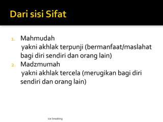 1. Mahmudah
yakni akhlak terpunji (bermanfaat/maslahat
bagi diri sendiri dan orang lain)
2. Madzmumah
yakni akhlak tercela (merugikan bagi diri
sendiri dan orang lain)
ice breaking
 