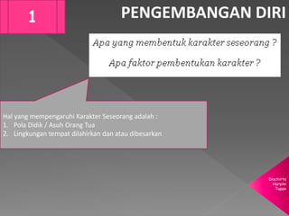 Diachirta
Harpini
Tupan
PENGEMBANGAN DIRI1
Hal yang mempengaruhi Karakter Seseorang adalah :
1. Pola Didik / Asuh Orang Tua
2. Lingkungan tempat dilahirkan dan atau dibesarkan
 