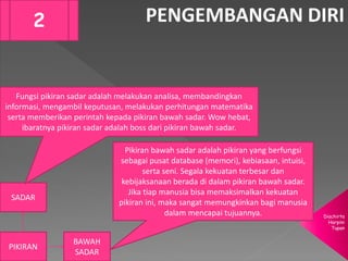 Diachirta
Harpini
Tupan
PENGEMBANGAN DIRI2
PIKIRAN
SADAR
BAWAH
SADAR
Fungsi pikiran sadar adalah melakukan analisa, membandingkan
informasi, mengambil keputusan, melakukan perhitungan matematika
serta memberikan perintah kepada pikiran bawah sadar. Wow hebat,
ibaratnya pikiran sadar adalah boss dari pikiran bawah sadar.
Pikiran bawah sadar adalah pikiran yang berfungsi
sebagai pusat database (memori), kebiasaan, intuisi,
serta seni. Segala kekuatan terbesar dan
kebijaksanaan berada di dalam pikiran bawah sadar.
Jika tiap manusia bisa memaksimalkan kekuatan
pikiran ini, maka sangat memungkinkan bagi manusia
dalam mencapai tujuannya.
 