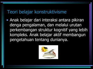 Teori belajar konstruktivisme
• Anak belajar dari interaksi antara pikiran
denga pengalaman, dan melalui urutan
perkembangan struktur kognitif yang lebih
kompleks. Anak belajar aktif membangun
pengetahuan tentang dunianya.
 