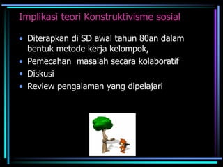 Implikasi teori Konstruktivisme sosial
• Diterapkan di SD awal tahun 80an dalam
bentuk metode kerja kelompok,
• Pemecahan masalah secara kolaboratif
• Diskusi
• Review pengalaman yang dipelajari
 
