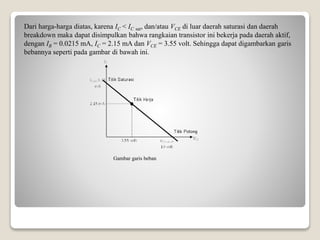 Dari harga-harga diatas, karena IC < IC sat, dan/atau VCE di luar daerah saturasi dan daerah
breakdown maka dapat disimpulkan bahwa rangkaian transistor ini bekerja pada daerah aktif,
dengan IB = 0.0215 mA, IC = 2.15 mA dan VCE = 3.55 volt. Sehingga dapat digambarkan garis
bebannya seperti pada gambar di bawah ini.
Gambar garis beban
 