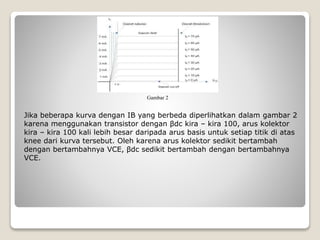 Jika beberapa kurva dengan IB yang berbeda diperlihatkan dalam gambar 2
karena menggunakan transistor dengan βdc kira – kira 100, arus kolektor
kira – kira 100 kali lebih besar daripada arus basis untuk setiap titik di atas
knee dari kurva tersebut. Oleh karena arus kolektor sedikit bertambah
dengan bertambahnya VCE, βdc sedikit bertambah dengan bertambahnya
VCE.
Gambar 2
 
