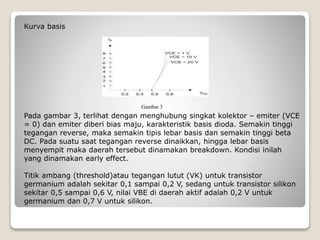 Kurva basis
Gambar 3
Pada gambar 3, terlihat dengan menghubung singkat kolektor – emiter (VCE
= 0) dan emiter diberi bias maju, karakteristik basis dioda. Semakin tinggi
tegangan reverse, maka semakin tipis lebar basis dan semakin tinggi beta
DC. Pada suatu saat tegangan reverse dinaikkan, hingga lebar basis
menyempit maka daerah tersebut dinamakan breakdown. Kondisi inilah
yang dinamakan early effect.
Titik ambang (threshold)atau tegangan lutut (VK) untuk transistor
germanium adalah sekitar 0,1 sampai 0,2 V, sedang untuk transistor silikon
sekitar 0,5 sampai 0,6 V, nilai VBE di daerah aktif adalah 0,2 V untuk
germanium dan 0,7 V untuk silikon.
 