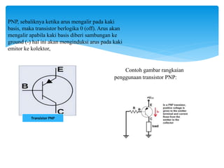 Transistor PNP
PNP, sebaliknya ketika arus mengalir pada kaki
basis, maka transistor berlogika 0 (off). Arus akan
mengalir apabila kaki basis diberi sambungan ke
ground (-) hal ini akan menginduksi arus pada kaki
emitor ke kolektor,
Contoh gambar rangkaian
penggunaan transistor PNP:
 