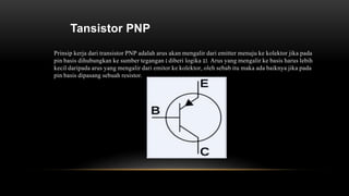 Tansistor PNP
Prinsip kerja dari transistor PNP adalah arus akan mengalir dari emitter menuju ke kolektor jika pada
pin basis dihubungkan ke sumber tegangan ( diberi logika 1). Arus yang mengalir ke basis harus lebih
kecil daripada arus yang mengalir dari emitor ke kolektor, oleh sebab itu maka ada baiknya jika pada
pin basis dipasang sebuah resistor.
 