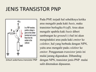 Pada PNP, terjadi hal sebaliknya ketika
arus mengalir pada kaki basis, maka
transistor berlogika 0 (off). Arus akan
mengalir apabila kaki basis diberi
sambungan ke ground (-) hal ini akan
menginduksi arus pada kaki emitor ke
colektor, hal yang berbeda dengan NPN,
yaitu arus mengalir pada colektor ke
emitor. Penggunaan transistor jenis ini
mulai jarang digunakan. Dibanding
dengan NPN, transistor jenis PNP mulai
sulit ditemukan dipasaran.
JENIS TRANSISTOR PNP
Sirkuit sederhana transistor PNP
 