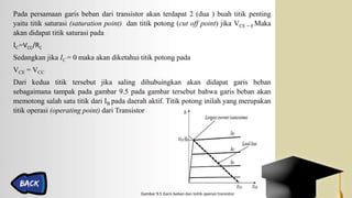 Pada persamaan garis beban dari transistor akan terdapat 2 (dua ) buah titik penting
yaitu titik saturasi (saturation point) dan titik potong (cut off point) jika VCE = 0 Maka
akan didapat titik saturasi pada
IC=VCC/RC
Sedangkan jika IC = 0 maka akan diketahui titik potong pada
VCE = VCC
Dari kedua titik tersebut jika saling dihubuingkan akan didapat garis beban
sebagaimana tampak pada gambar 9.5 pada gambar tersebut bahwa garis beban akan
memotong salah satu titik dari IB pada daerah aktif. Titik potong inilah yang merupakan
titik operasi (operating point) dari Transistor
Gambar 9.5 Garis beban dan toitik operasi transistor
 