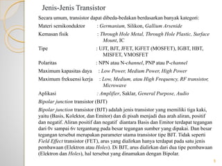 Jenis-Jenis Transistor
Secara umum, transistor dapat dibeda-bedakan berdasarkan banyak kategori:
Materi semikonduktor : Germanium, Silikon, Gallium Arsenide
Kemasan fisik : Through Hole Metal, Through Hole Plastic, Surface
Mount, IC
Tipe : UJT, BJT, JFET, IGFET (MOSFET), IGBT, HBT,
MISFET, VMOSFET
Polaritas : NPN atau N-channel, PNP atau P-channel
Maximum kapasitas daya : Low Power, Medium Power, High Power
Maximum frekuensi kerja : Low, Medium, atau High Frequency, RF transistor,
Microwave
Aplikasi : Amplifier, Saklar, General Purpose, Audio
Bipolar junction transistor (BJT)
Bipolar junction transistor (BJT) adalah jenis transistor yang memiliki tiga kaki,
yaitu (Basis, Kolektor, dan Emitor) dan di pisah menjadi dua arah aliran, positif
dan negatif. Aliran positif dan negatif diantara Basis dan Emitor terdapat tegangan
dari 0v sampai 6v tergantung pada besar tegangan sumber yang dipakai. Dan besar
tegangan tersebut merupakan parameter utama transistor tipe BJT. Tidak seperti
Field Effect transistor (FET), arus yang dialirkan hanya terdapat pada satu jenis
pembawaan (Elektron atau Holes). Di BJT, arus dialirkan dari dua tipe pembawaan
(Elektron dan Holes), hal tersebut yang dinamakan dengan Bipolar.
5
 