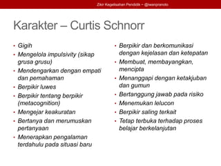 Karakter – Curtis Schnorr
• Gigih
• Mengelola impulsivity (sikap
grusa grusu)
• Mendengarkan dengan empati
dan pemahaman
• Berpikir luwes
• Berpikir tentang berpikir
(metacognition)
• Mengejar keakuratan
• Bertanya dan merumuskan
pertanyaan
• Menerapkan pengalaman
terdahulu pada situasi baru
• Berpikir dan berkomunikasi
dengan kejelasan dan ketepatan
• Membuat, membayangkan,
mencipta
• Menanggapi dengan ketakjuban
dan gumun
• Bertanggung jawab pada risiko
• Menemukan lelucon
• Berpikir saling terkait
• Tetap terbuka terhadap proses
belajar berkelanjutan
Zikir Kegelisahan Pendidik ~ @iwanpranoto
 