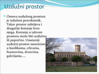 Uzdužni prostor
 Osnova uzdužnog prostora
 je izduženi pravokutnik.
 Takav prostor zahtijeva i
 drugačije kretanje kroz
 njega. Kretanje u takvom
 prostoru može biti uzdužno
 ili poprečno. Unutarnji
 uzdužni prostor susrećemo
 u bazilikama, crkvama,
 hramovima, dvorcima,
 galerijama.....
 