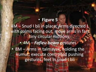 • Figure 5
• 4M – Snud I bli in place; Arms directed L
with palms facing out, move arms in fast
tiny circular motions;
• 4M – Fafieu bawo gestures
• 8M – Arms in talmayak, holding the
kumut; execute controlled pushing
gestures; feet in snud I bli
 