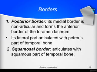 Borders
1. Posterior border: its medial border is
non-articular and forms the anterior
border of the foramen lacerum
• Its lateral part articulates with petrous
part of temporal bone
2. Squamosal border: articulates with
squamous part of temporal bone.
Group 4 presentaion 17
 