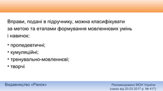Видавництво «Ранок» Рекомендовано МОН України
(наказ від 20.03.2017 р. № 417)
Вправи, подані в підручнику, можна класифікувати
за метою та етапами формування мовленнєвих умінь
і навичок:
• пропедевтичні;
• кумуляційні;
• тренувально-мовленнєві;
• творчі
 