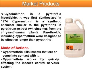  Cypermethrin is a pyrethroid
insecticide. It was first synthesized in
1974. Cypermethrin is a synthetic
chemical similar to the pyrethrins in
pyrethrum extract (whichcomes from the
chrysanthemum plant). Pyrethroids,
including cypermethrin were designed to
be effective longer than pyrethrins
Mode of Action:-
• Cypermethrin kills insects that eat or
come into contact with it.
• Cypermethrin works by quickly
affecting the insect’s central nervous
system.
 