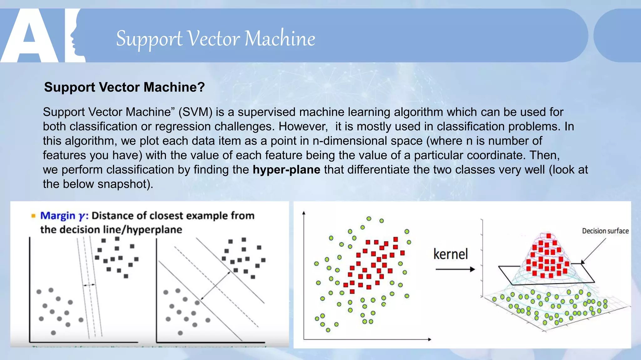 Support Vector Machine
Support Vector Machine?
Support Vector Machine” (SVM) is a supervised machine learning algorithm which can be used for
both classification or regression challenges. However, it is mostly used in classification problems. In
this algorithm, we plot each data item as a point in n-dimensional space (where n is number of
features you have) with the value of each feature being the value of a particular coordinate. Then,
we perform classification by finding the hyper-plane that differentiate the two classes very well (look at
the below snapshot).
 