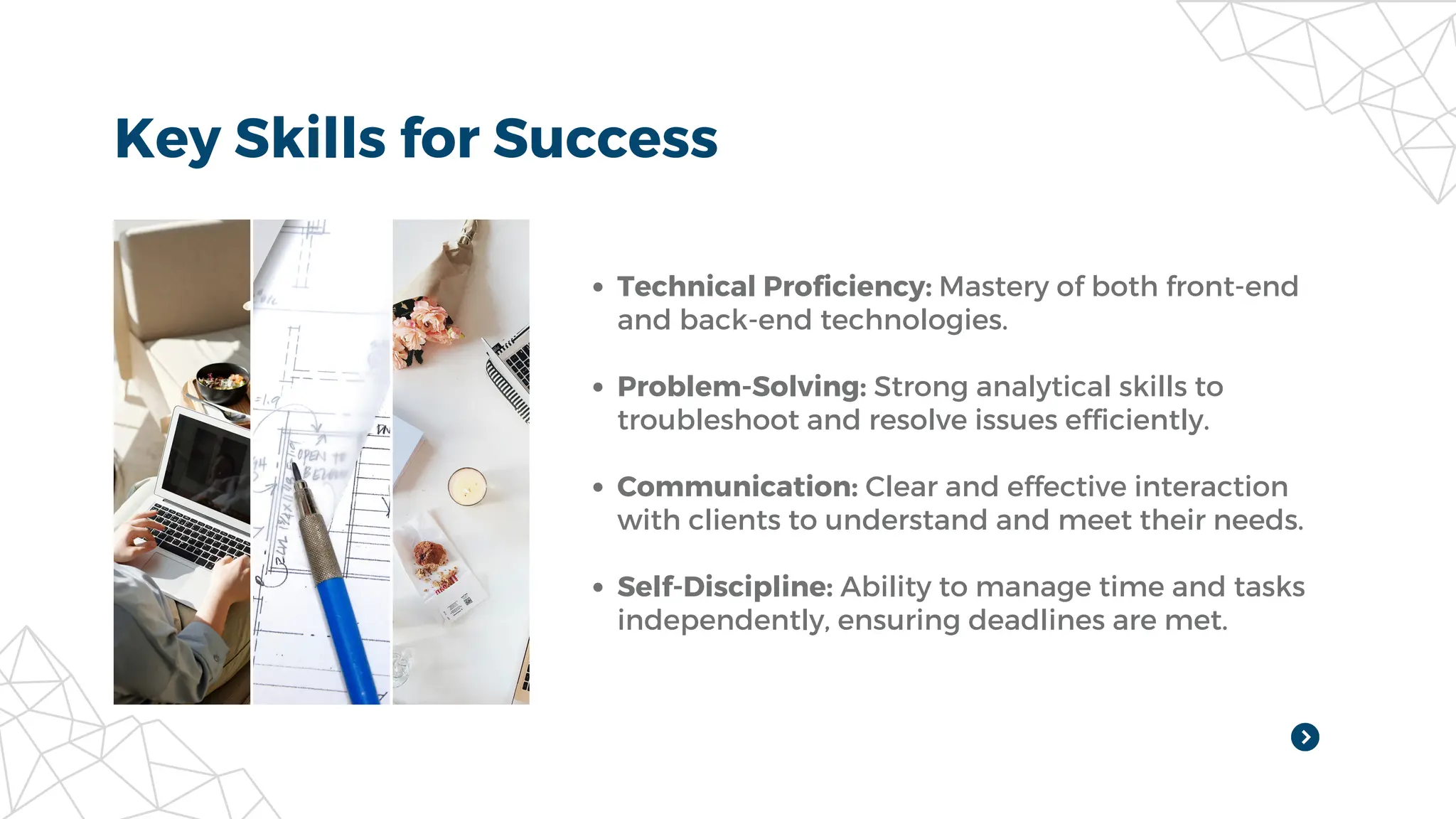 Key Skills for Success
Technical Proficiency: Mastery of both front-end
and back-end technologies.
Problem-Solving: Strong analytical skills to
troubleshoot and resolve issues efficiently.
Communication: Clear and effective interaction
with clients to understand and meet their needs.
Self-Discipline: Ability to manage time and tasks
independently, ensuring deadlines are met.
 