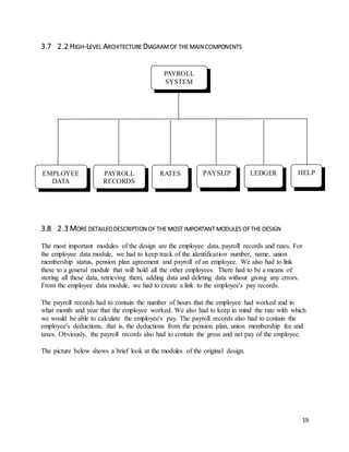 P A Y R O L L 
S Y S T E M 
R A T E S L E P A Y S L I P D G E R H E L P 
19 
3.7 2.2 HIGH-LEVEL ARCHITECTURE DIAGRAM OF THE MAIN COMPONENTS 
E M P L O Y E E 
D A T A 
P A Y R O L L 
R E C O R D S 
3.8 2.3 MORE DETAILED DESCRIPTION OF THE MOST IMPORTANT MODULES OF THE DESIGN 
The most important modules of the design are the employee data, payroll records and rates. For 
the employee data module, we had to keep track of the identification number, name, union 
membership status, pension plan agreement and payroll of an employee. We also had to link 
these to a general module that will hold all the other employees. There had to be a means of 
storing all these data, retrieving them, adding data and deleting data without giving any errors. 
From the employee data module, we had to create a link to the employee's pay records. 
The payroll records had to contain the number of hours that the employee had worked and in 
what month and year that the employee worked. We also had to keep in mind the rate with which 
we would be able to calculate the employee's pay. The payroll records also had to contain the 
employee's deductions, that is, the deductions from the pension plan, union membership fee and 
taxes. Obviously, the payroll records also had to contain the gross and net pay of the employee. 
The picture below shows a brief look at the modules of the original design. 
 